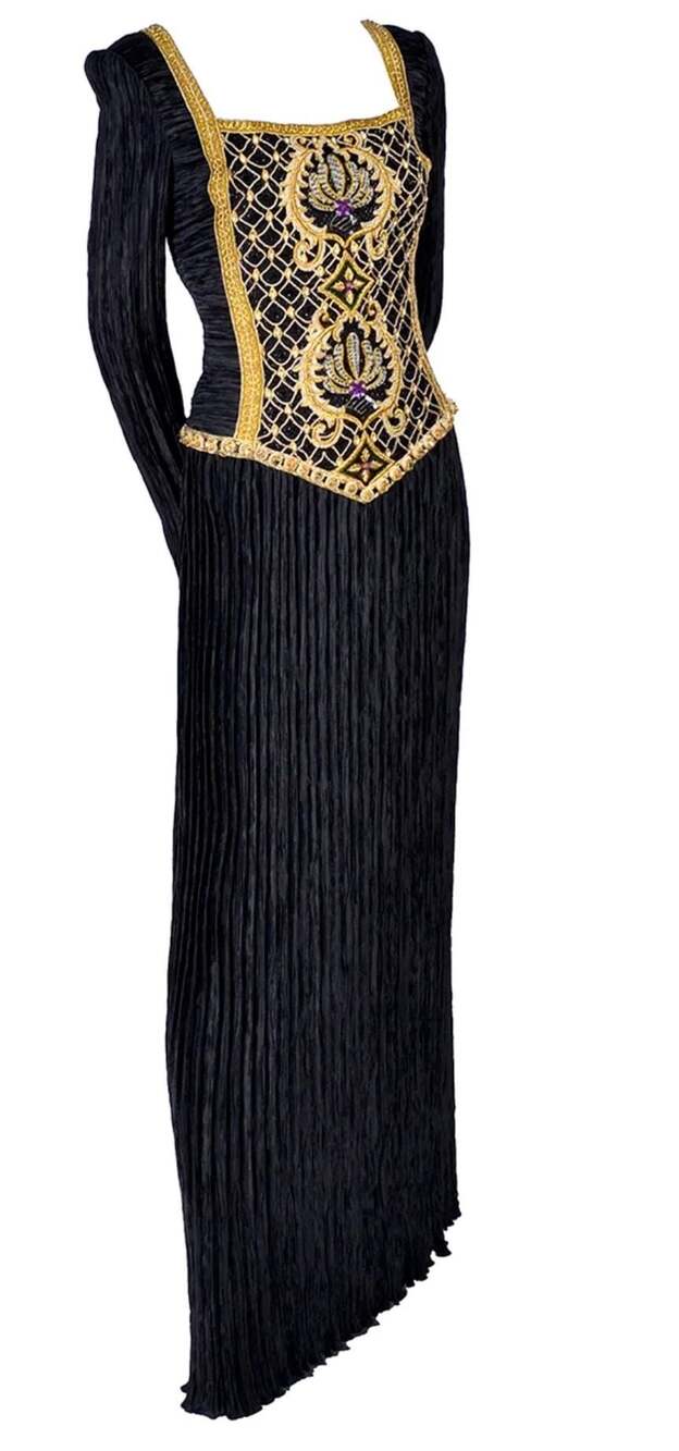 VTG Mary McFadden Couture Black Pleated Dress Gold Metallic Embroidery Beading